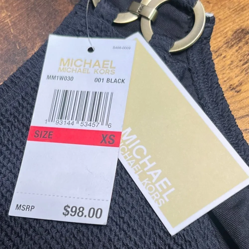 Michael Kors High-Leg Bikini Bottoms in Black with Ring Gold Chain Accents. NWT!